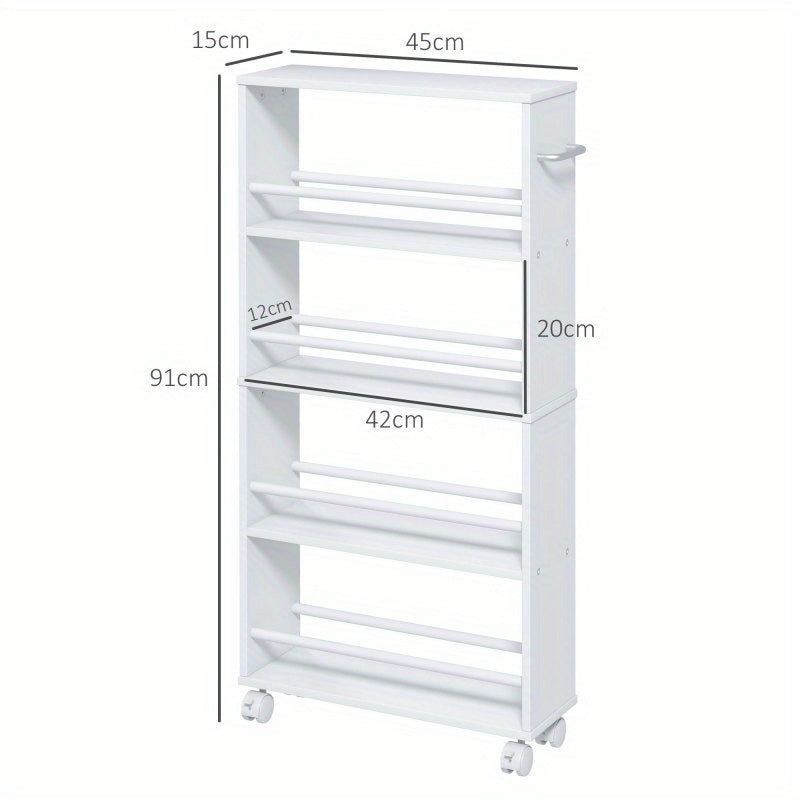 Opbergtrolley Smalle Trolley Keukentrolley Servertrolley Opberwwagen – Witte 45x15x91 cm – 4 Verdiepingen – 360° Zwenkwieltjes met Rem