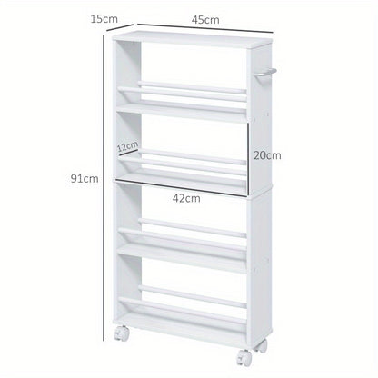 Opbergtrolley Smalle Trolley Keukentrolley Servertrolley Opberwwagen – Witte 45x15x91 cm – 4 Verdiepingen – 360° Zwenkwieltjes met Rem