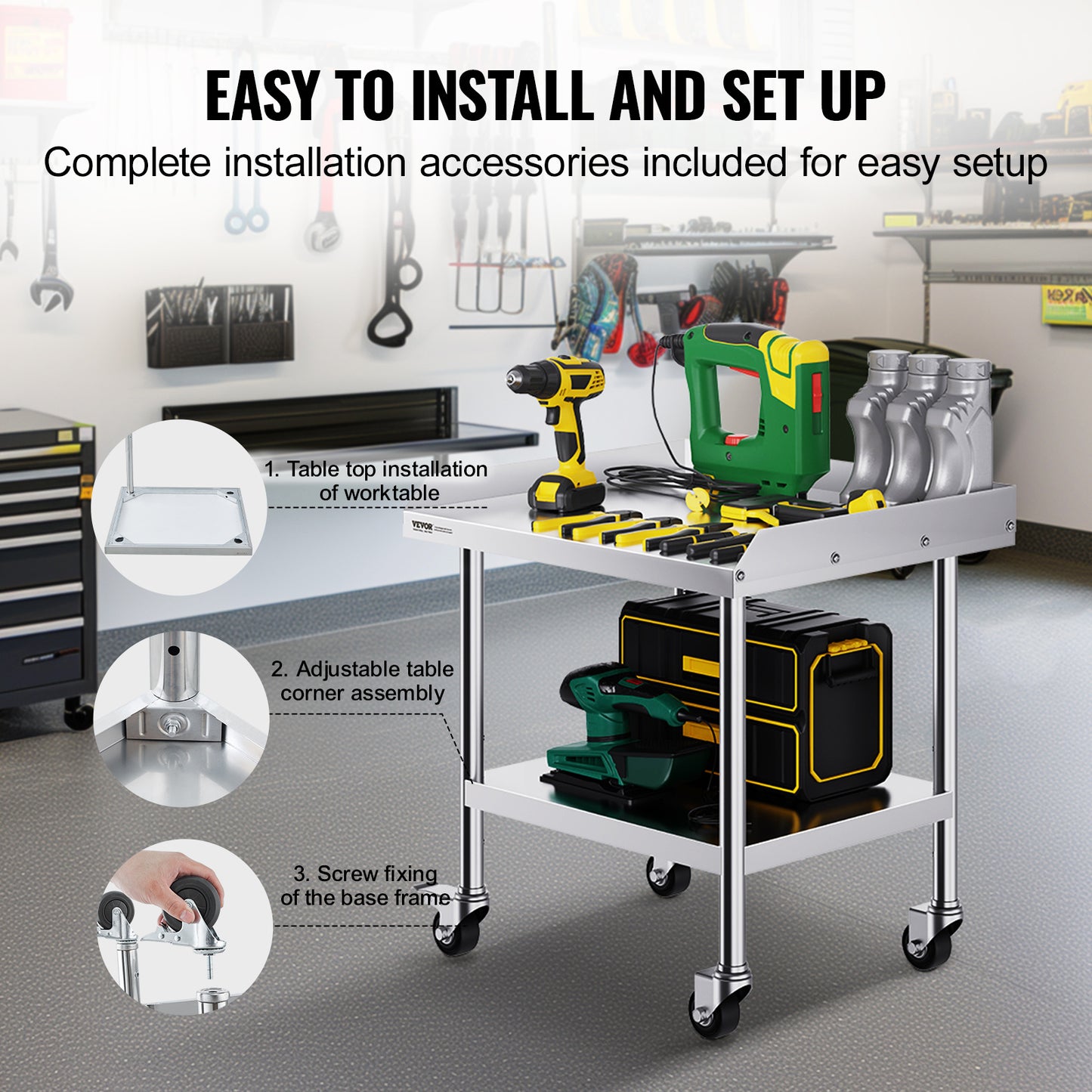 Roestvrijstalen Werktafel – RVS Keukentafel – Voedselbereidingstafel – Commerciële Werkbank – Mobiele Werktafel – 61x71x76 cm – 4 Wielen met Remmen