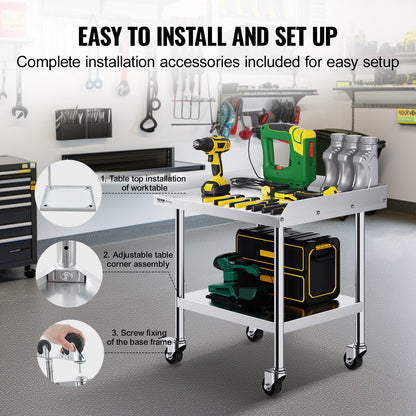 Roestvrijstalen Werktafel – RVS Keukentafel – Voedselbereidingstafel – Commerciële Werkbank – Mobiele Werktafel – 61x71x76 cm – 4 Wielen met Remmen