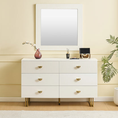 Sideboard – Dressoir – Commode – Opbergmeubel – Wandmeubel – Wit – 6 Lades – Gouden Handgrepen – Metalen Poten – Geribbelde Fronten – Spiegel 80x80 cm