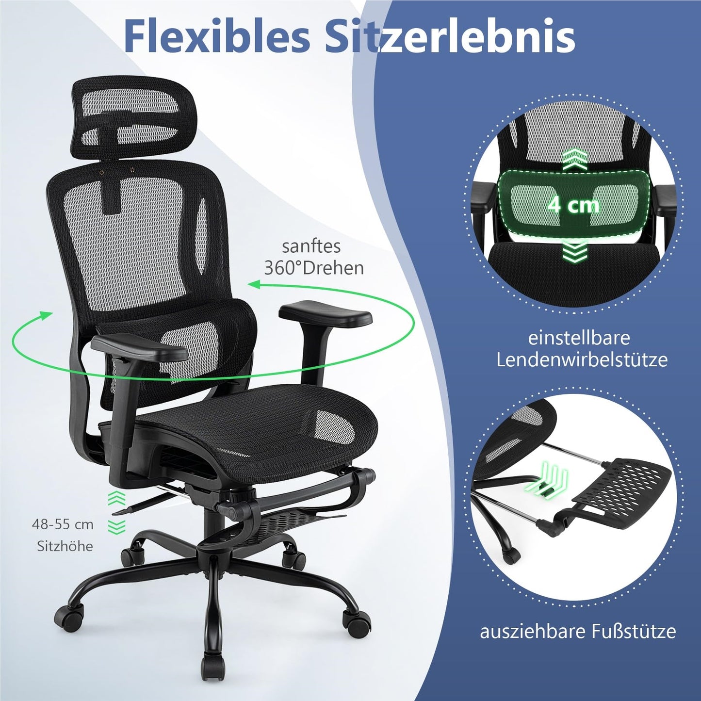 Ergonomische Bureaustoel – Kantoorstoel – Computestoel – Werkstoel – Bureaustoel Zwart – Uitschuifbare Voetensteun – 3D Verstelbare Armleuningen