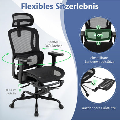 Ergonomische Bureaustoel – Kantoorstoel – Computestoel – Werkstoel – Bureaustoel Zwart – Uitschuifbare Voetensteun – 3D Verstelbare Armleuningen