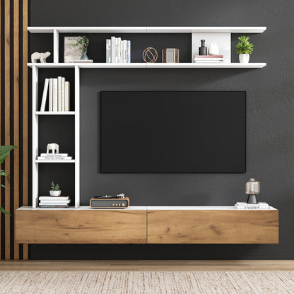 Tv Meubelset – Tv Meubel – Wandmeubel – Mediameubel – Woonkamerkast – Wit en Houtkleurig Spaanplaat – Geschikt Voor Tv’s Tot 80 Inch – Compleet Met Staande En Wandplank