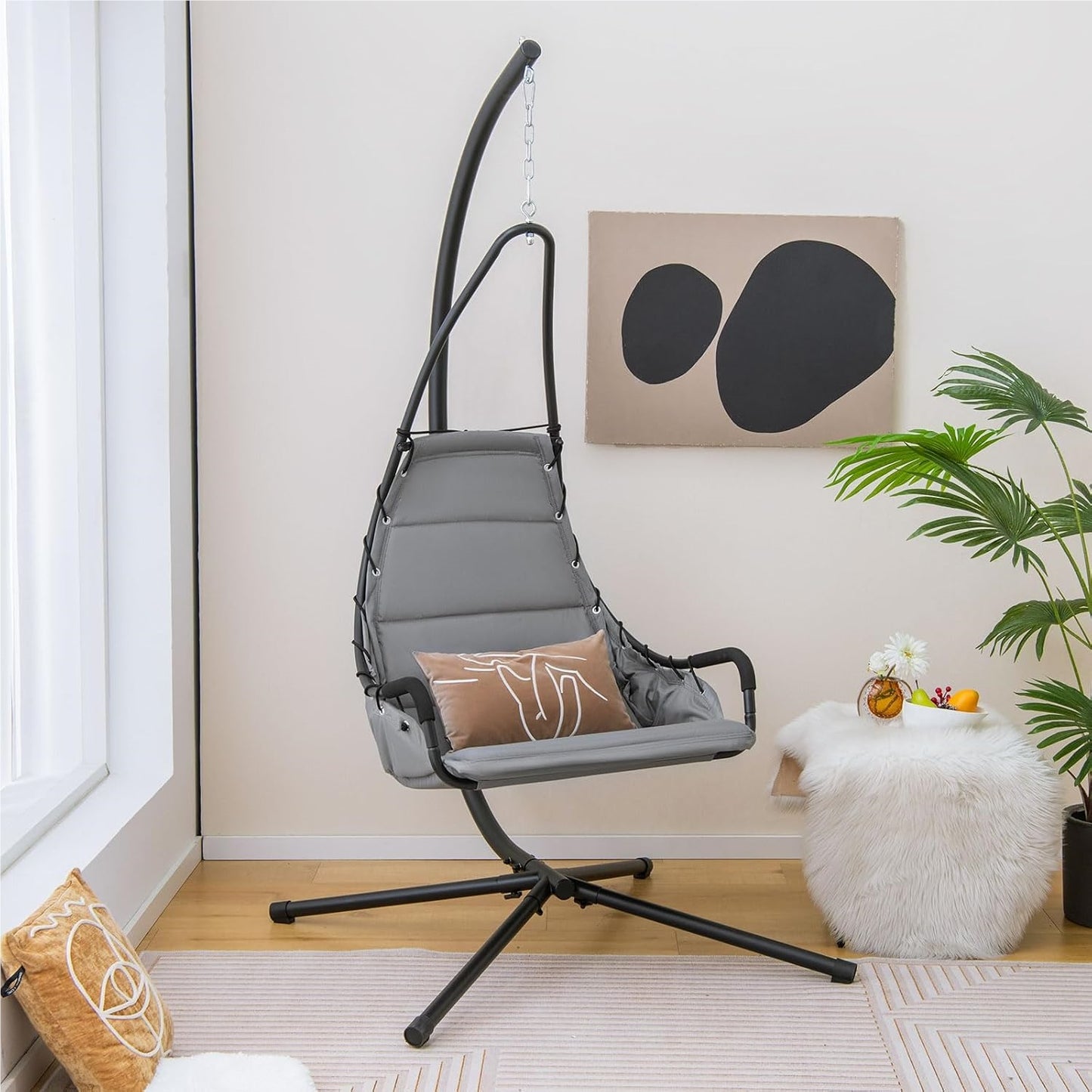 Hangstoel – Hangstoel Met Frame – Hangstoel Voor Binnen En Buiten – Hangstoel Schommel – Relaxstoel – Extra Grote Gevoerde Zitting – Stevig Metalen Frame