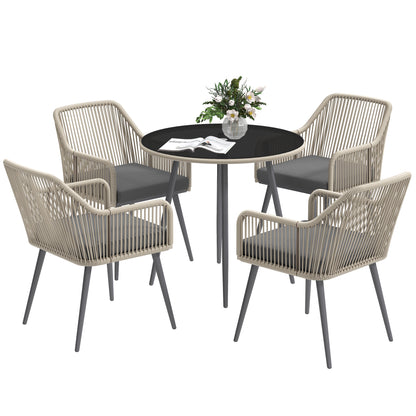 4-persoons tuinset – tuinstoelen – tuinmeubelset – buitenmeubilair – loungeset – PE-rattan met metalen frame – ronde tafel met gehard glas en parasolgat – kussens met afneembare hoezen – compact design chestnut bruin