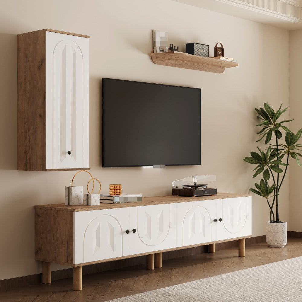 tv meubel – tv dressoir – tv kast – media meubel – wandmeubel – drieluik woonkamermeubel – wit met houtdetails – ruimtebesparend design