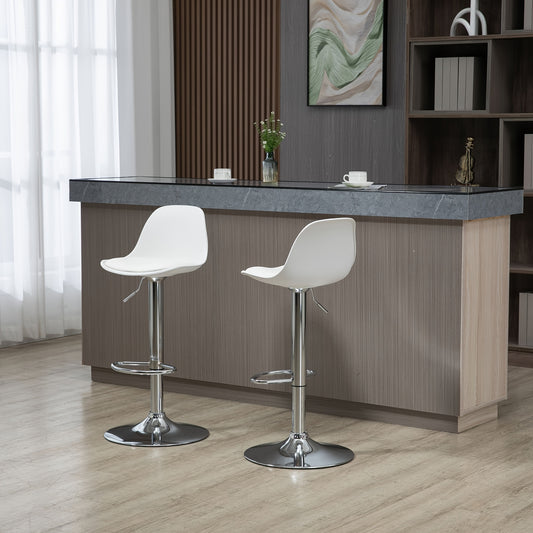 Barstoel – Barkruk – Barstoeltje – Keukenstoel – Draaistoel – Set van 2 – Verstelbare Rugleuning – Metalen Frame – Witte Kunstleren Bekleding – Maximaal Draaggewicht 120 kg – Zithoogte 82-104 cm – 40x42 cm