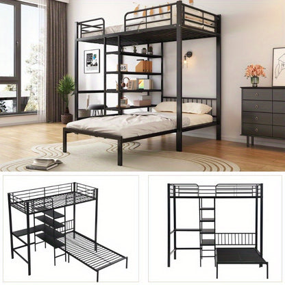Stapelbed – Etagebed – Kinderbed – Hoogslaper – Kinderstapelbed – Met Bureau en Opbergruimte – Metalen Frame – 90x200 cm – Veiligheidshekken – Ladder – Zwart