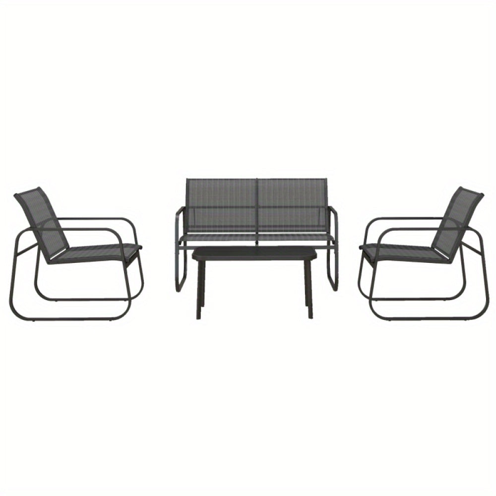 Loungebank – Loungeset – Tuinbank – Modulair Bankstel – 4-delige Set – Zwart Frame – Witte Mesh Kussens – Glasplaat Salontafel – UV-bestendig – Weerbestendig