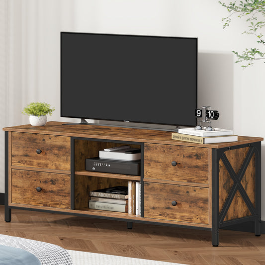 TV Cabinet with 4 Drawers, TV Stand for TVs Under 55 Inches, with 2 Open Compartments, 40 X 120 X 50cm, TV Cabinet for Living Room, Bedroom, Vintage Brown-black, Tv Unit For Living Room, Tv Stand For Living Room, Home Enterta