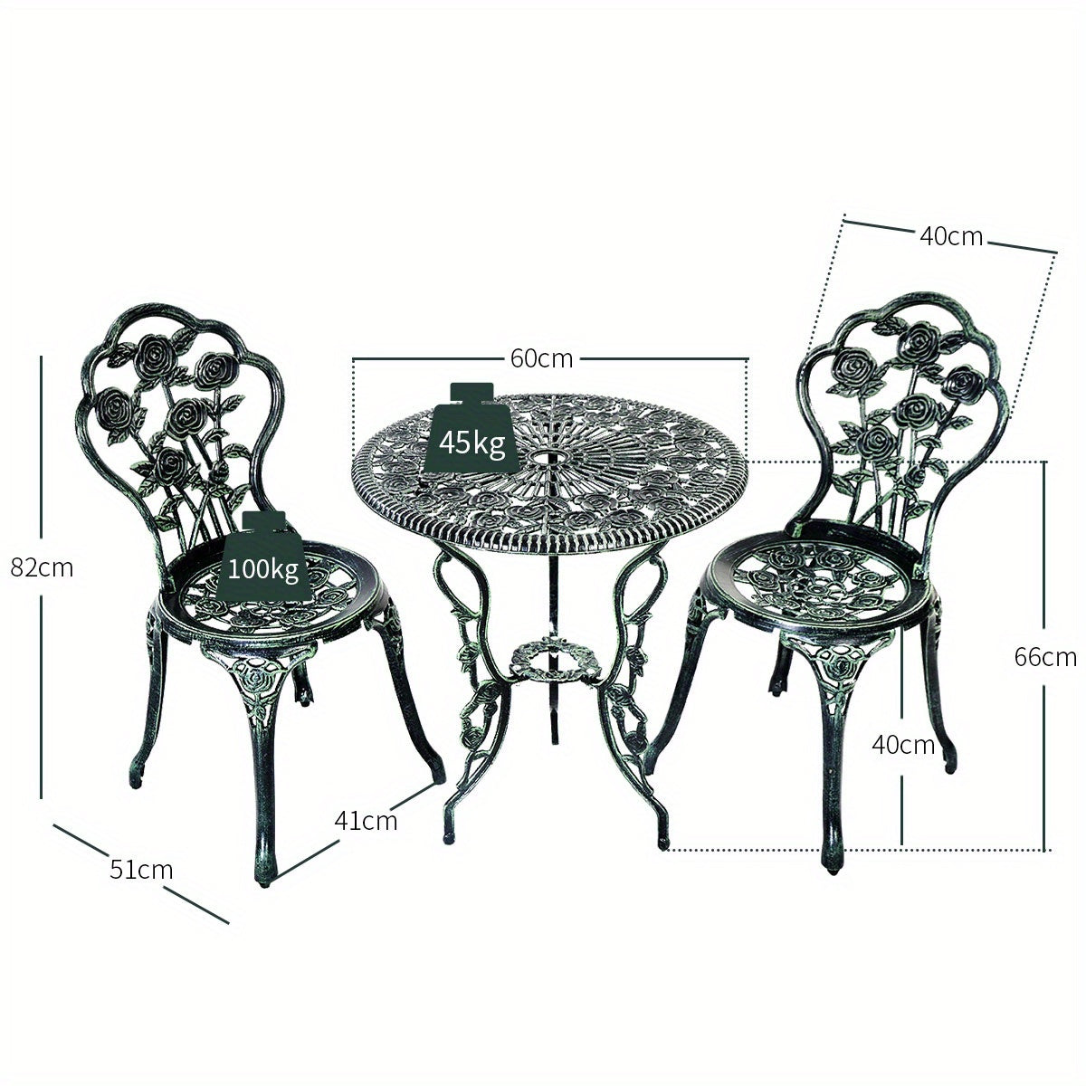 Bistroset – Tuinset – Balkonset – Tuintafel – Tuinstoelen – Gietaluminium – Weerbestendig met Paraplu-gat 4,83 cm – Antiek Groen