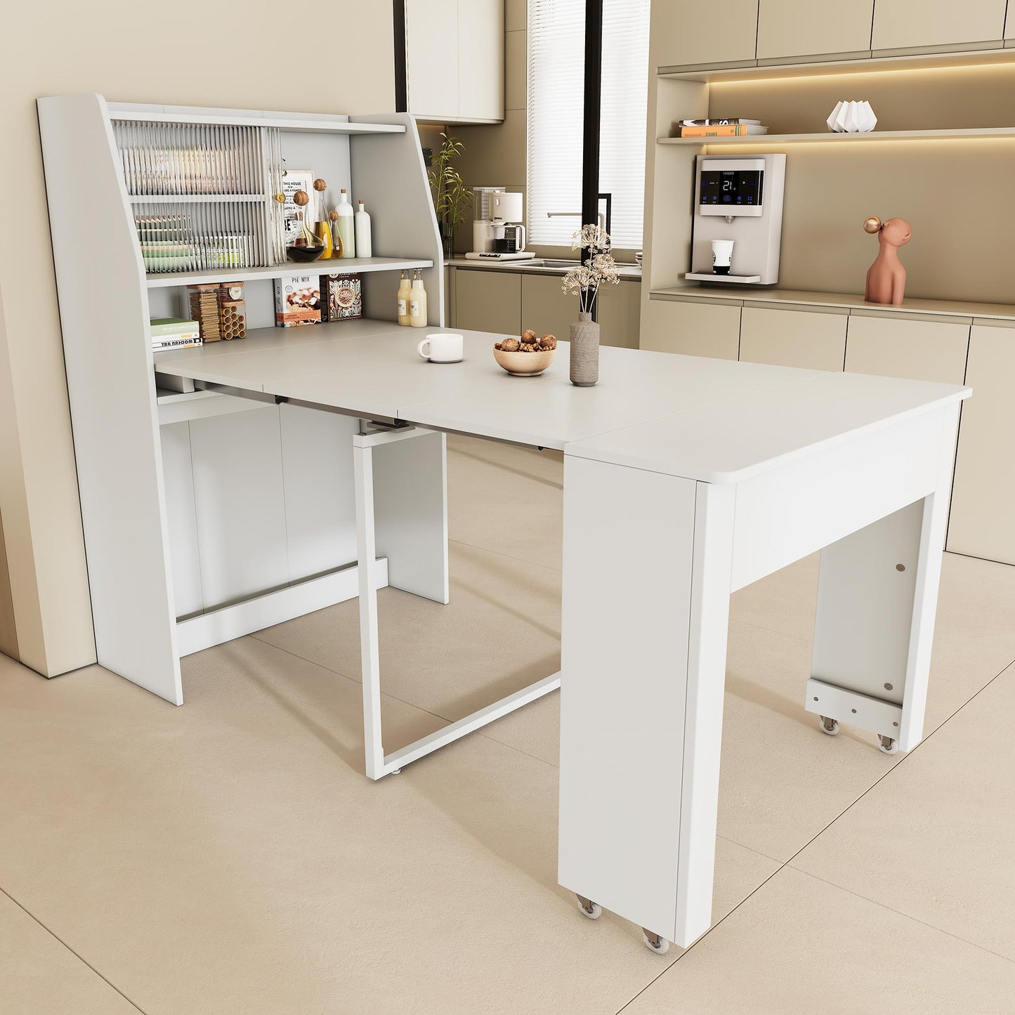 Uitschuifbare Eettafel – Verstelbare Tafel – Uitklapbare Tafel – Opbergtafel – Multifunctionele Eettafel – Wit Spaanplaat – Lengte 52-132,5 cm – Met Opbergruimte