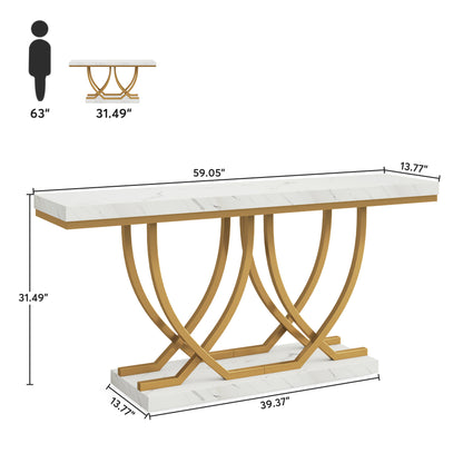 Console Tafel – Sidetable – Haltafel – Bijzettafel – Dressoir – Wit Kunstmarmer Blad – Gouden Metalen Poten – 150 cm Lang – Verstelbare Pootjes