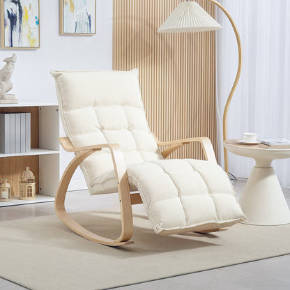 Schommelstoel – Relaxstoel – Fauteuil – Voedingsstoel – Loungestoel – Gestoffeerd – Verstelbare Voetsteun – Birkenhouten Frame – Crème Wit