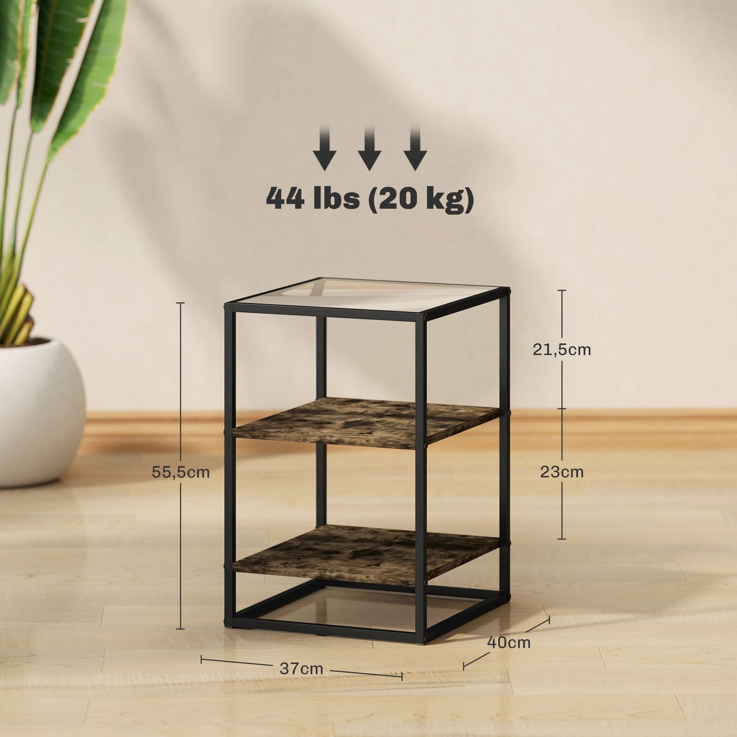 Bijzettafel – Salontafel – Tafeltje – Nachtkastje – 2-delige Set Rustic Brown – Met Glazen Blad – Robuust Metalen Frame – 3-laags Design