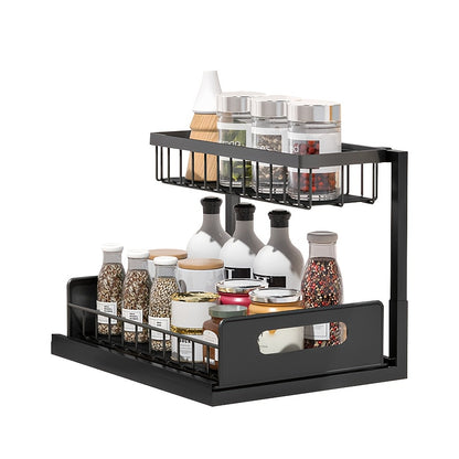 Ladeorganizer – Ladeverdeler – Keukenkastorganizer – Badkamerrek – Opbergmand – Uitschuifbare Lade – Verstelbare Hoogte – Metalen Stevige Constructie – Compact L-vormig Design 27x36x28 cm – Zwarte Roestbestendige Afwerking