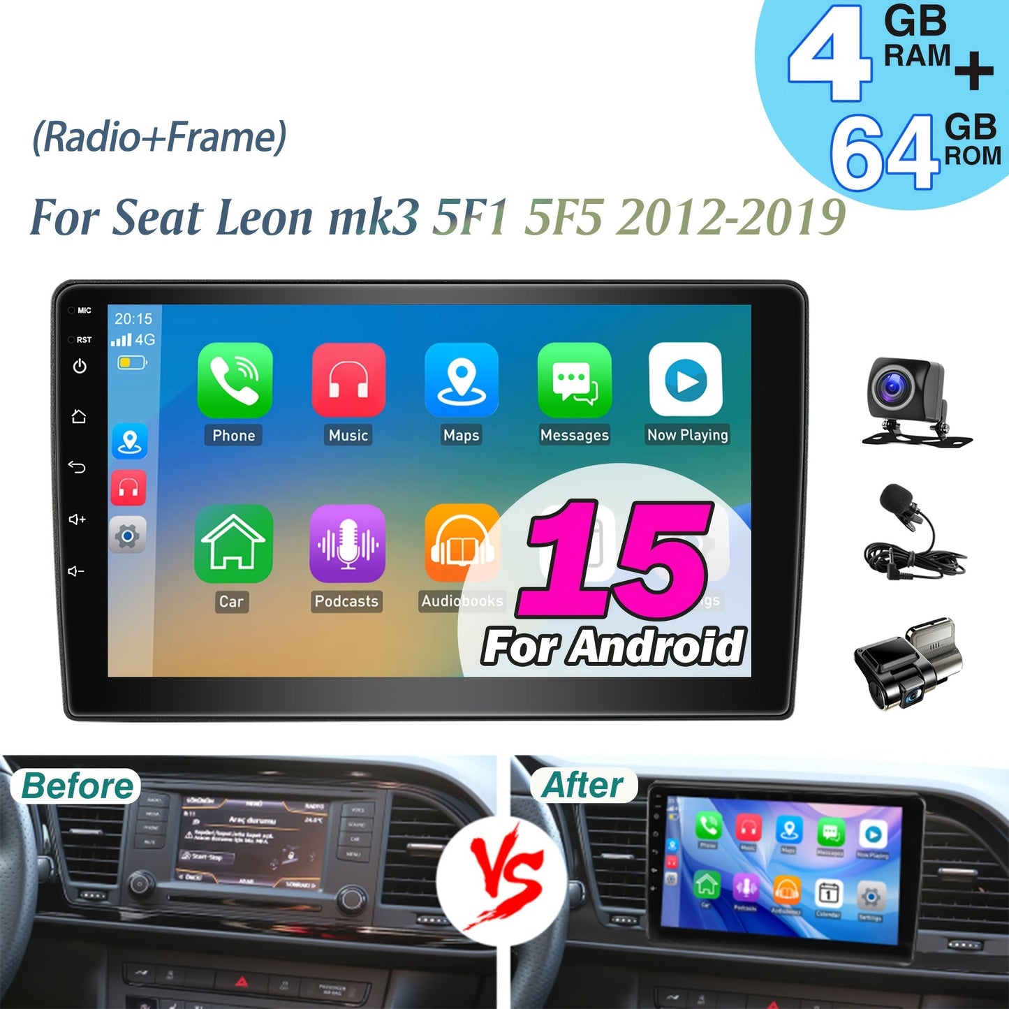 9 inch Car Stereo – Autoradio – Multimedia Speler – Navigatiesysteem – Touchscreen – Met Camera, Microfoon & Dashcam – Android 15 OS – 4GB RAM 64GB Opslag