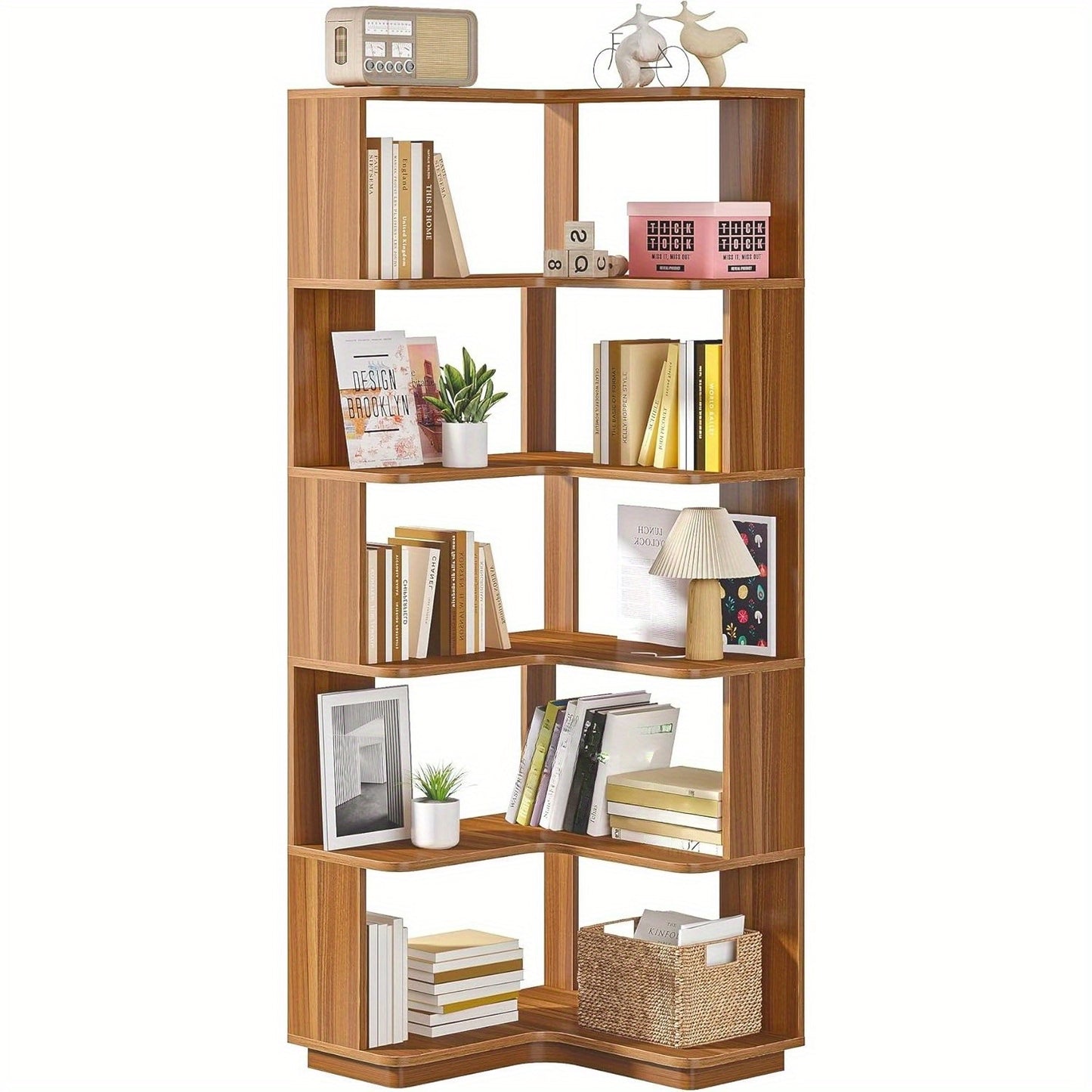 Boekenkast – Boekenrek – Opbergkast – Vakkenkast – Stellingkast – 6-laags Hoekontwerp – Stevig MDF Notenhout – Anti-val Panelen – 165 cm Hoog