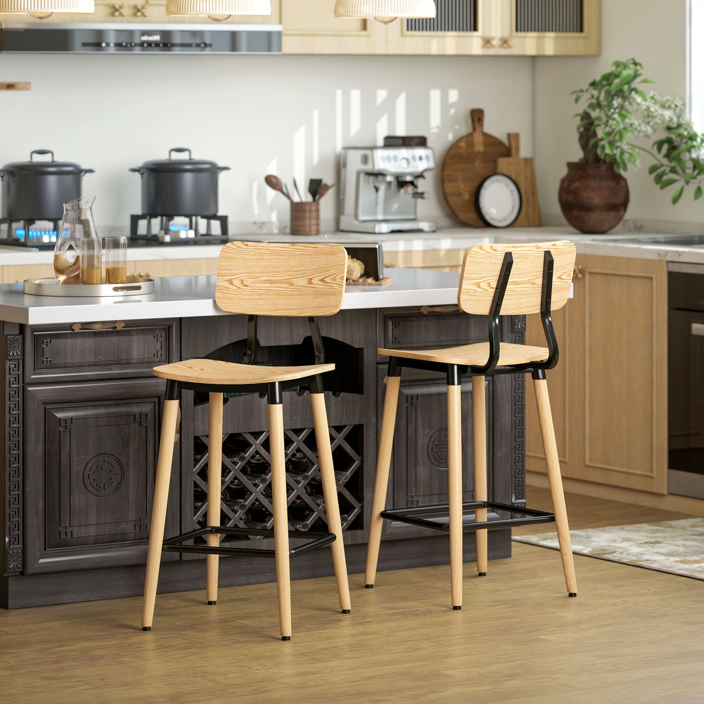 Barkrukken – Barkruk Set – Barstoelen – Keukenstoelen – Hoge Stoelen – Lichtbruine Houten Zitting – Stevig Metalen Frame – Comfortabele Rugleuning