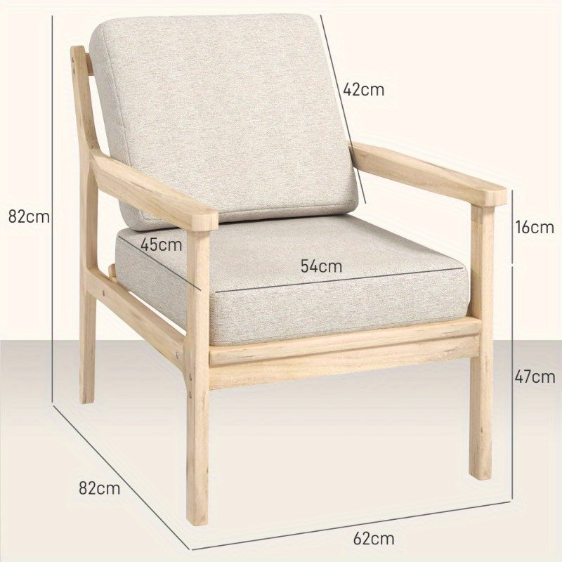 Loungestoel – Relaxfauteuil – Armstoel – Fauteuil – Sessel – Linnenlook Bekleding – Afneembaar Kussen – Houten Poten – Comfortabel Zitvlak – Beige