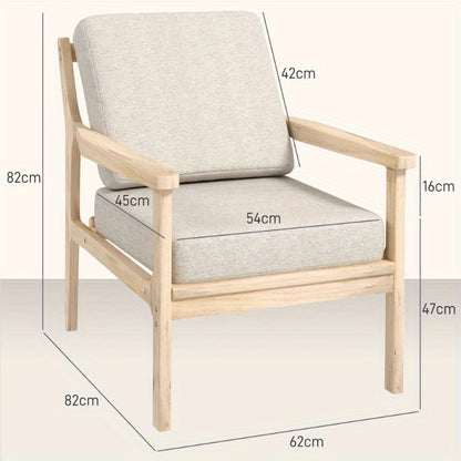 Loungestoel – Relaxfauteuil – Armstoel – Fauteuil – Sessel – Linnenlook Bekleding – Afneembaar Kussen – Houten Poten – Comfortabel Zitvlak – Beige