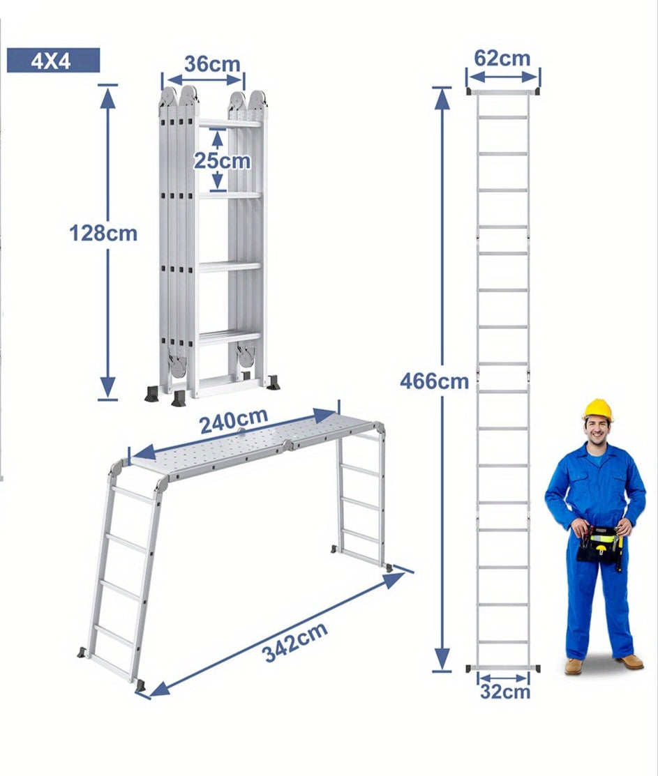 Opvouwbare Ladder – Huishoudladder – Multitrap – Werkplatform – Combinatieladder – Aluminium Legering – Draagvermogen 150 kg – 4x4 Treden