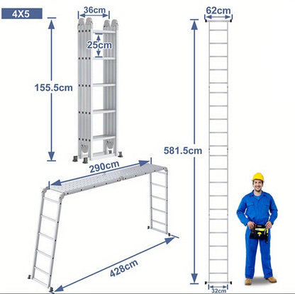 Vouwladder – Huishoudladder – Multiladder – Trapladder – Werkplatform – Aluminium – 4 x 5 Treden – Draagvermogen 150 kg