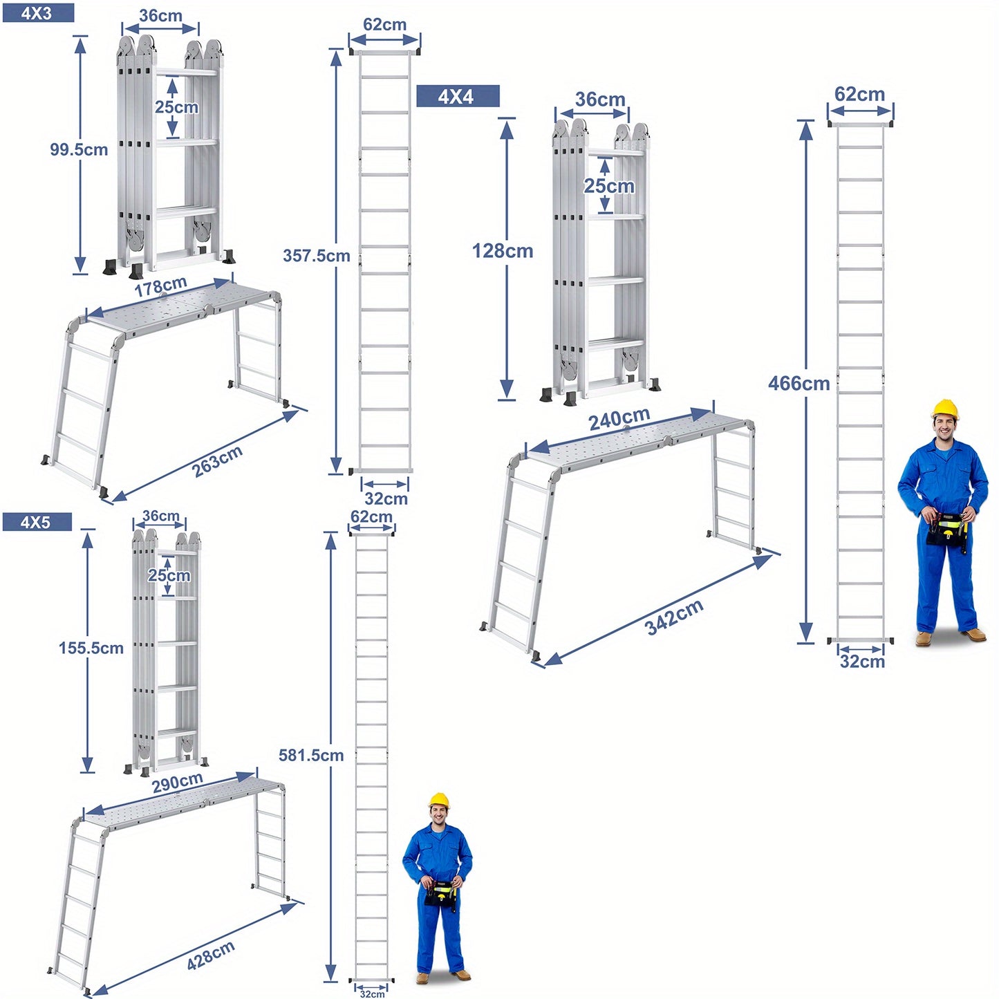 Multipurpose Ladder, Household Ladder, Foldable, Step Ladder Work Platform, Load-Bearing 150kg, Aluminum Alloy Combination Ladder, Silvery, (4X3 Steps, 4X4 Steps, 4X5 Steps)