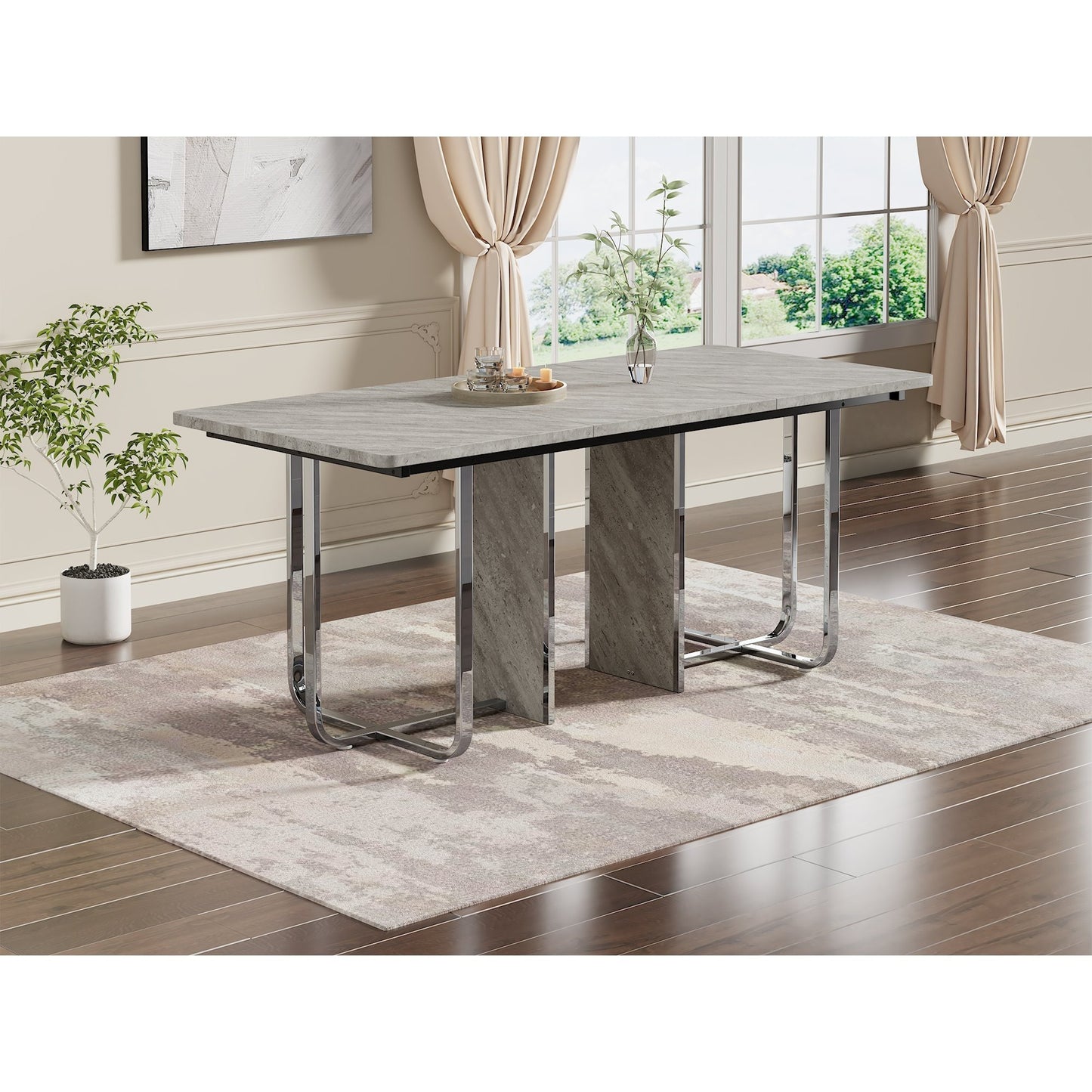 BTM Dining Table, 180cm x 80cm x 75cm, Modern Dining Table, Sturdy Dining Table, Metal Legs, Large Dining Table, Rectangular Dining Table, Dining Table for 6 People, Modern Simple Dining Table, Gray + Silver
