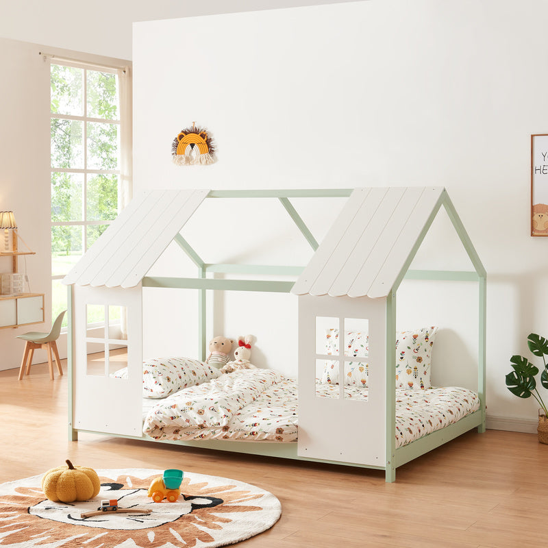 Kinderbed – Kinderbedden – Eenpersoonsbed – Huisbed – Stapelbed – Semi-open Dak – Massief Grenenhout – 140x200 cm Mintgroen/Wit