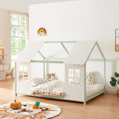 Kinderbed – Kinderbedden – Eenpersoonsbed – Huisbed – Stapelbed – Semi-open Dak – Massief Grenenhout – 140x200 cm Mintgroen/Wit