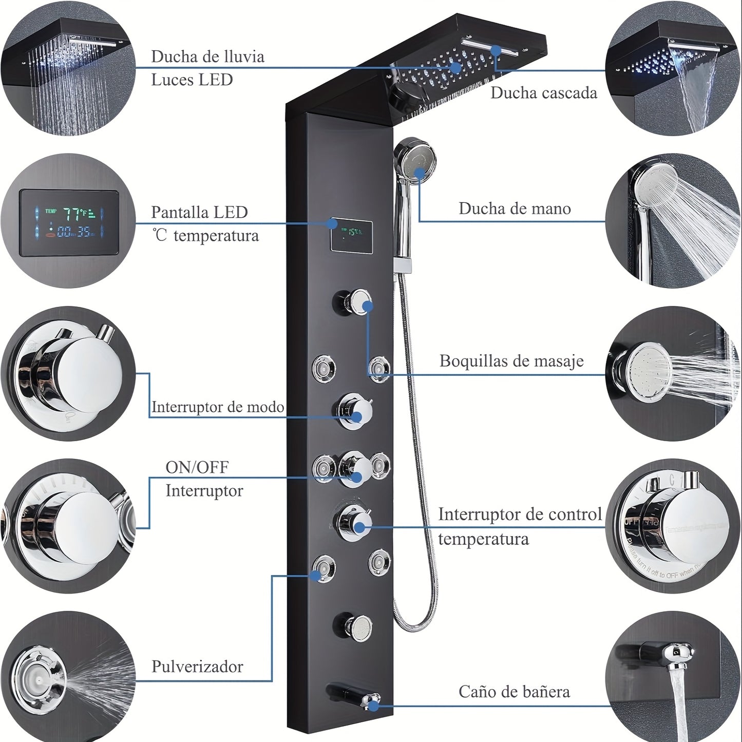 6-in-1 Douchepaneel – Douche Systeem – Regendouche – Massagedouche – Handdouche – Mat Zwart – RVS Staal – LCD Temperatuur Display – Waterval & 8-Standen Massage
