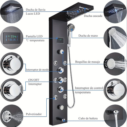 6-in-1 Douchepaneel – Douche Systeem – Regendouche – Massagedouche – Handdouche – Mat Zwart – RVS Staal – LCD Temperatuur Display – Waterval & 8-Standen Massage