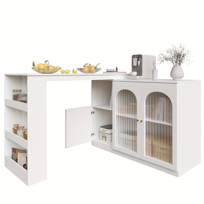 360° Rotating Bar Table - Modern Minimalist White Metal Frame with Glass Door, 120x40x97cm, Multifunctional Storage Cabinet for Dining Room, Kitchen, or Home Office, Space-Saving Design, Easy Assembly, No Power Needed, Kitch