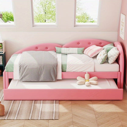 Slaapbank – Uitschuifbare Bedbank – Logeerbed – Bankbed – Bedbank 90x200 cm – Roze PU Leder – Modern Design – Handmatig Uitschuifbaar