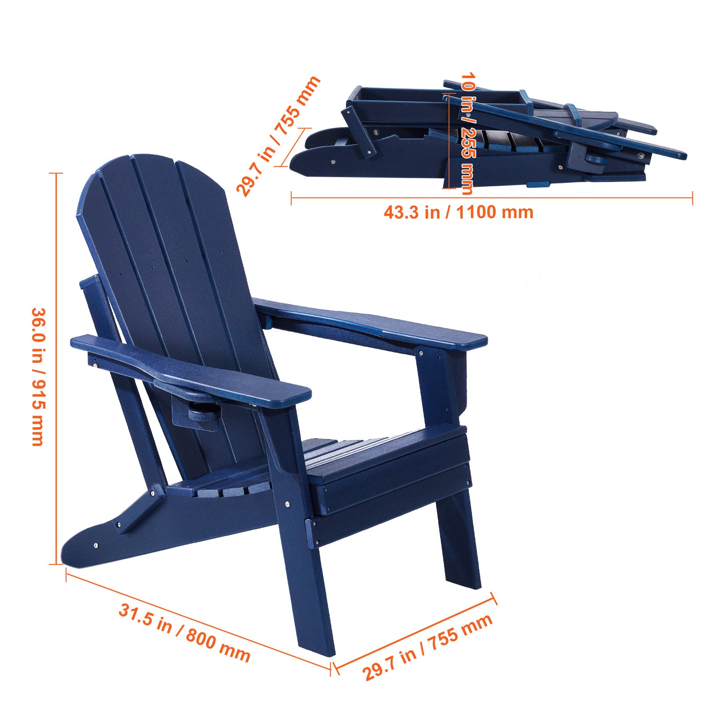 Klapstoel Buiten – Tuinstoel Opvouwbaar – Adirondackstoel Kunststof – Campingstoel Inklapbaar – Balkonstoel Blauw – Weerbestendig HDPE – Stevige Constructie 180 kg