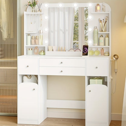 Make-uptafel – Make-uptafel – Kaptafel – Visagie tafel – Beauty tafel – Met verstelbare LED-verlichting – Inclusief haardrogerhouder – 108 cm breed – 2 lades en 2 kasten – Wit