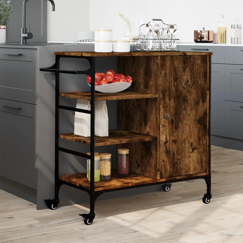 Keukentrolley – Keukenwagen – Serveerwagen – Keukenrek – Opbergtrolley – Rook Eiken – Hout & Staal – 87,5x38,5x84,5 cm