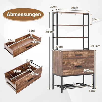 Archiefkast – Filekast – Kantoorrek – Documentenkast – Ladenkast – Vintage Bruin – 3 Open Planken – 2 Grote Laden Voor Hangmappen