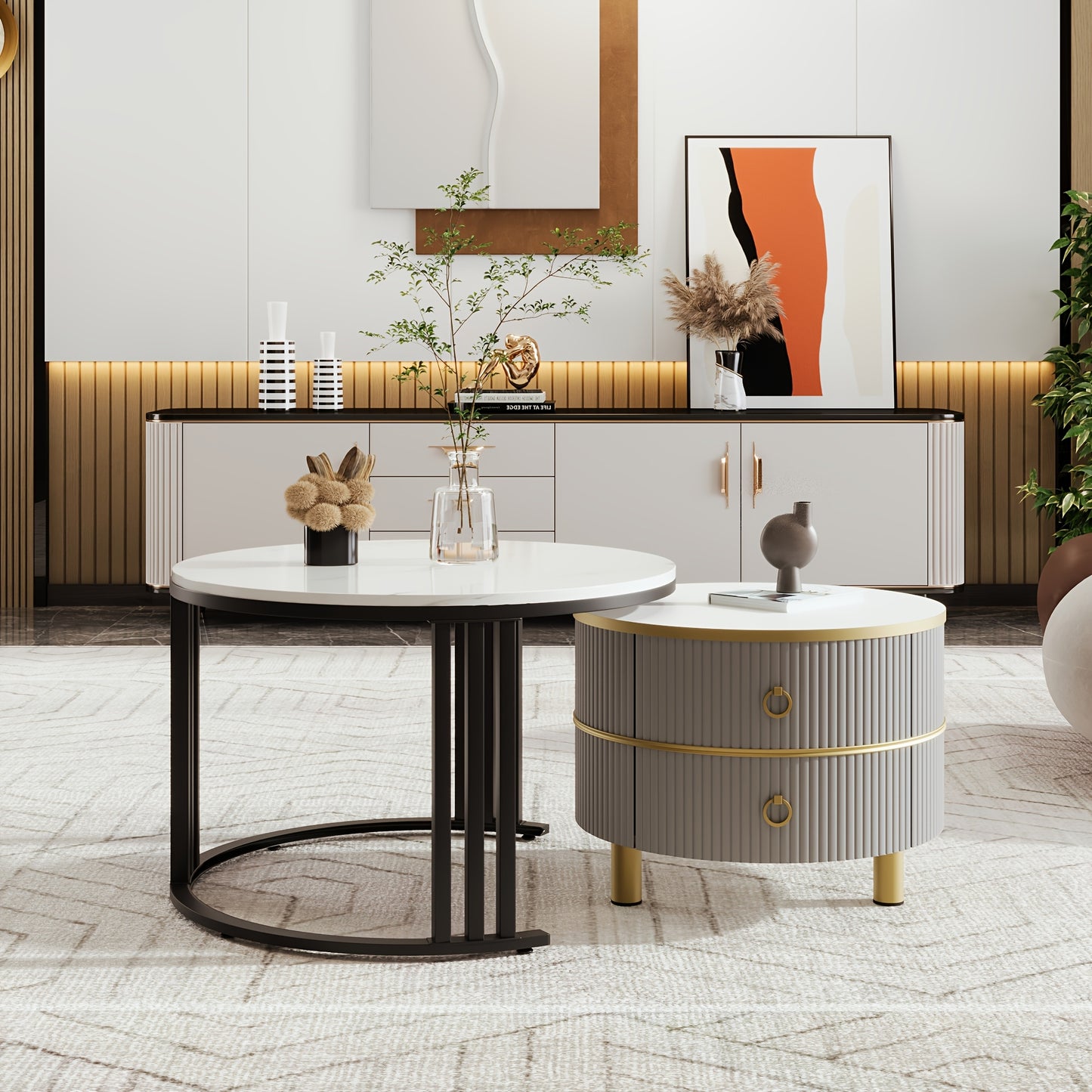 2-in-1 MDF Round Coffee Table with Glossy Finish & 1 Side Table with White Marble Top - Contemporary Living Room Coffee Table Set with 2 Drawers, 70x70x46cm, 50x50x40cm, Metal Frame, No Assembly Required, Coffee Table for Liv