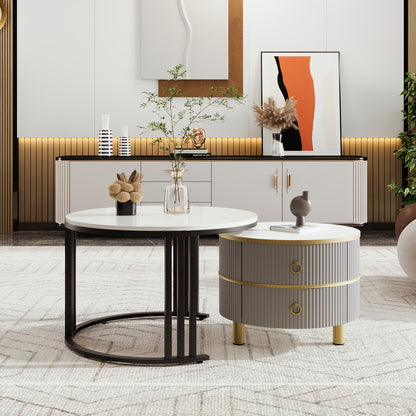 2-in-1 MDF Round Coffee Table with Glossy Finish & 1 Side Table with White Marble Top - Contemporary Living Room Coffee Table Set with 2 Drawers, 70x70x46cm, 50x50x40cm, Metal Frame, No Assembly Required, Coffee Table for Liv