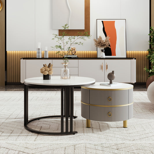 2-in-1 MDF Round Coffee Table with Glossy Finish & 1 Side Table with White Marble Top - Contemporary Living Room Coffee Table Set with 2 Drawers, 70x70x46cm, 50x50x40cm, Metal Frame, No Assembly Required, Coffee Table for Liv