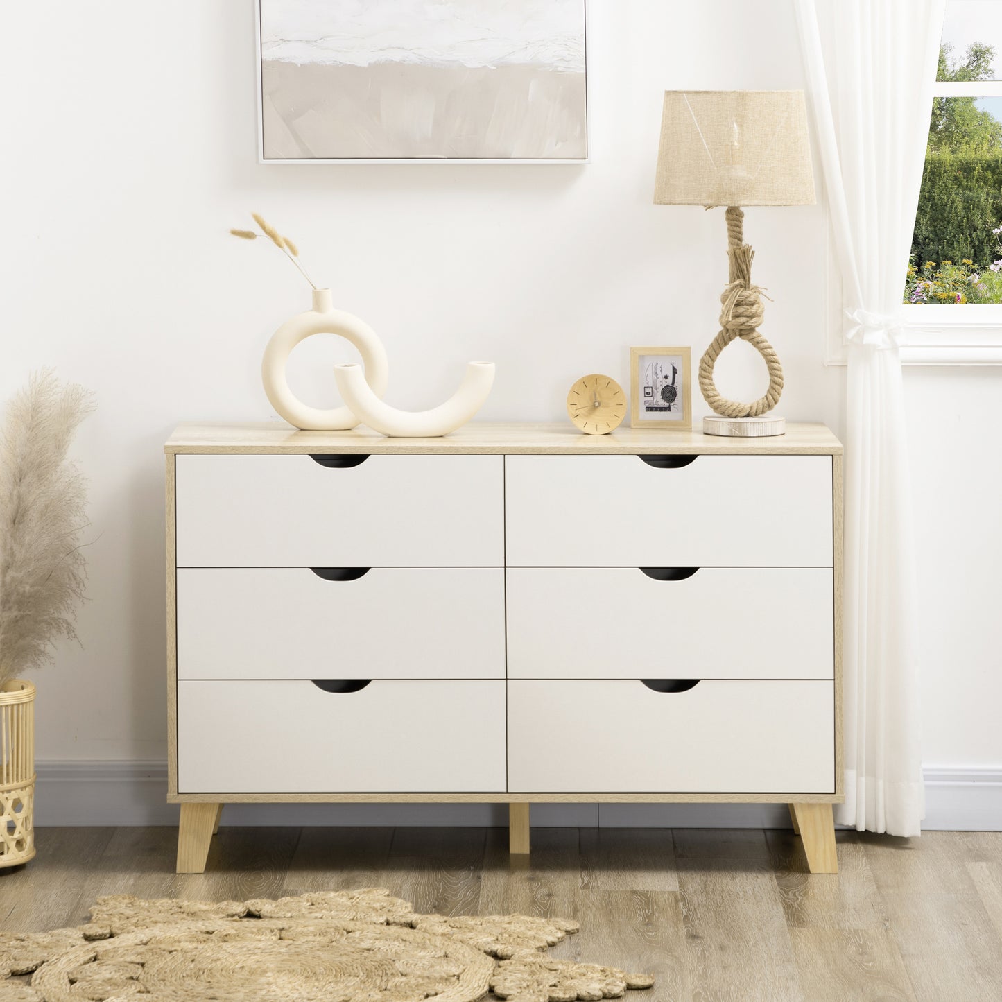Kommode – Ladekast – Dressoir – Opbergkast – Sideboard – Scandinavisch Design – 6 Lades – Hout & Wit – 120x40x76 cm – Stevige Houten Poten