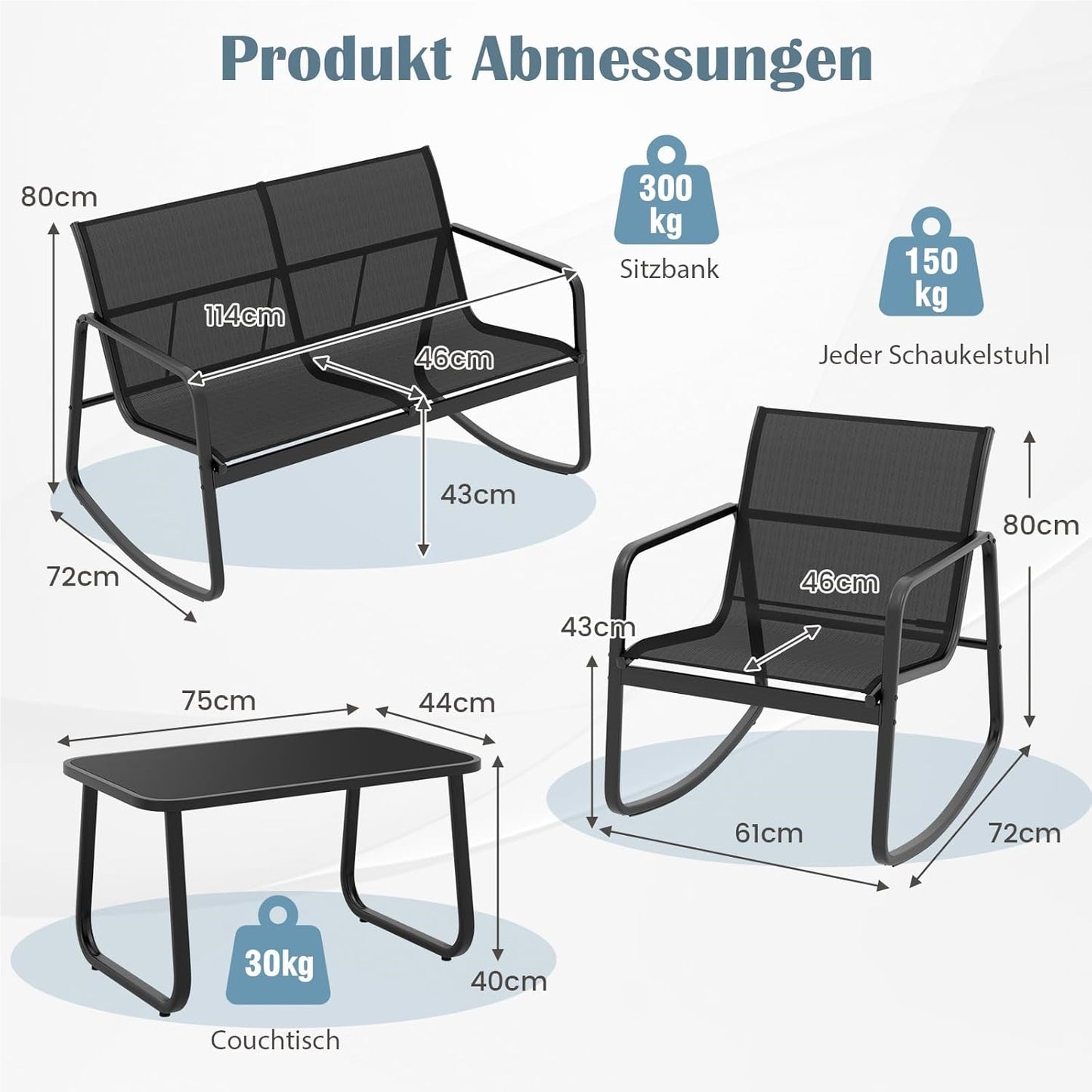 Tuinmeubelset – Tuinset – Loungeset – Balkonset – Terrasmeubilair – 4-Delige Zwart Met Rocking Stoelen – Met Veilig Schommelmechanisme en Versterkt Metaalframe
