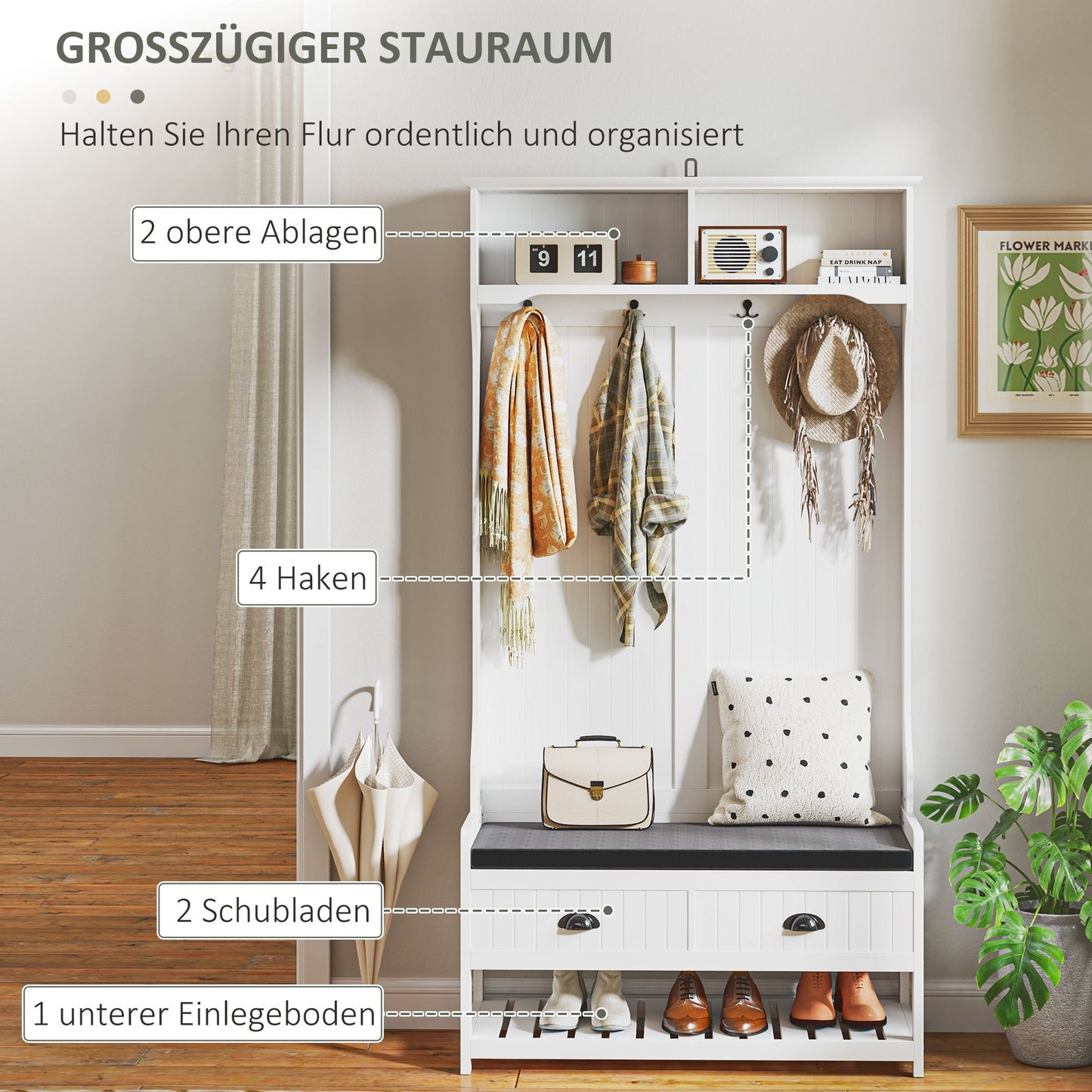 Kapstok – Garderoberek – Schoenenbank – Halmeubel – Opbergmeubel – Wit met Grijs – Comfortabele Zitting – 3 Schoenenvakken en 2 Lades