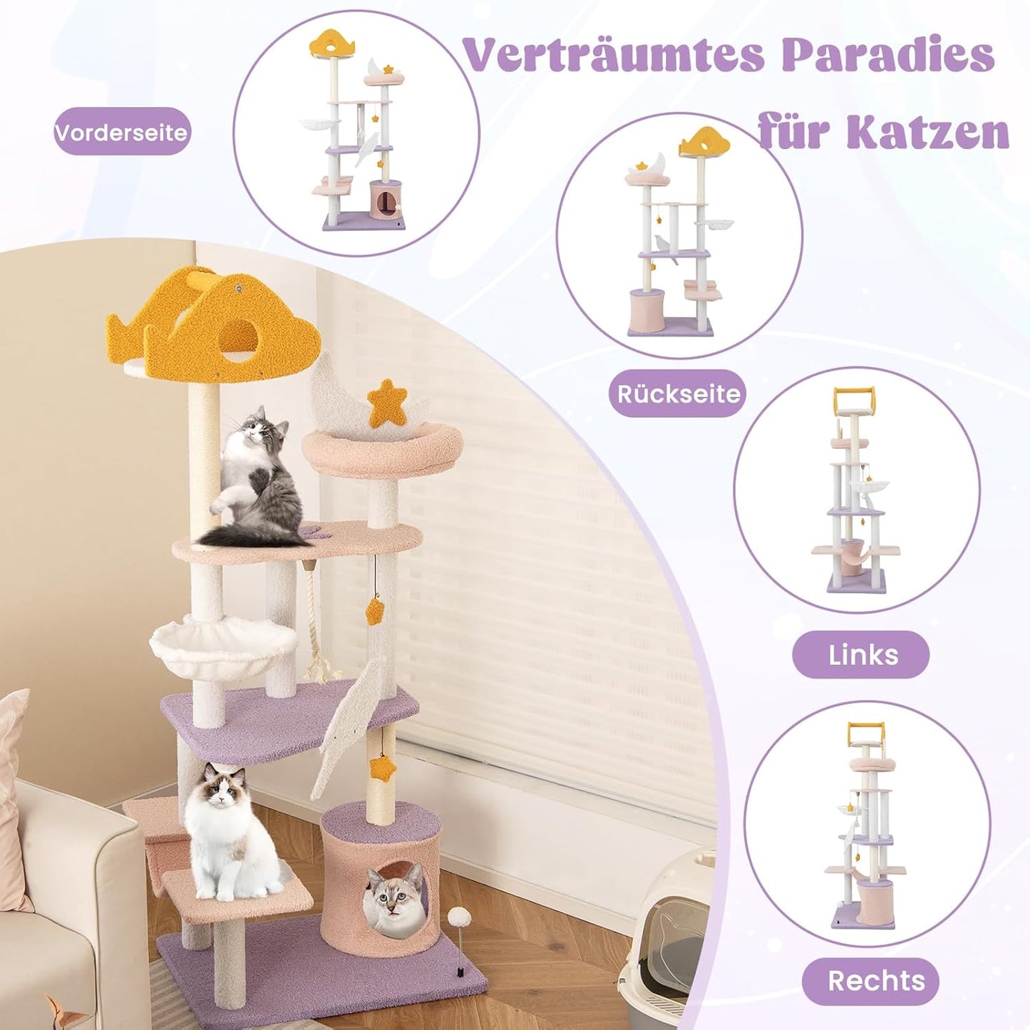 Kattentoren – Kattenmeubel – Krabpaal – Kattenboom – Krabmeubel – Multi-Level Speelparadijs – Natuurlijke Sisal Krabpalen – Comfortabele Hangmatten en Huisje – Paars-Roze