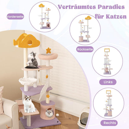 Kattentoren – Kattenmeubel – Krabpaal – Kattenboom – Krabmeubel – Multi-Level Speelparadijs – Natuurlijke Sisal Krabpalen – Comfortabele Hangmatten en Huisje – Paars-Roze