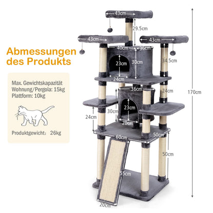 Krabpaal – Kattenboom – Klimpaal – Speelboom – Krabmeubel – Multifunctioneel met 2 kattenhuisjes – 170 cm hoog – Stabiel met sisal kraboppervlakken – Donkergrijs