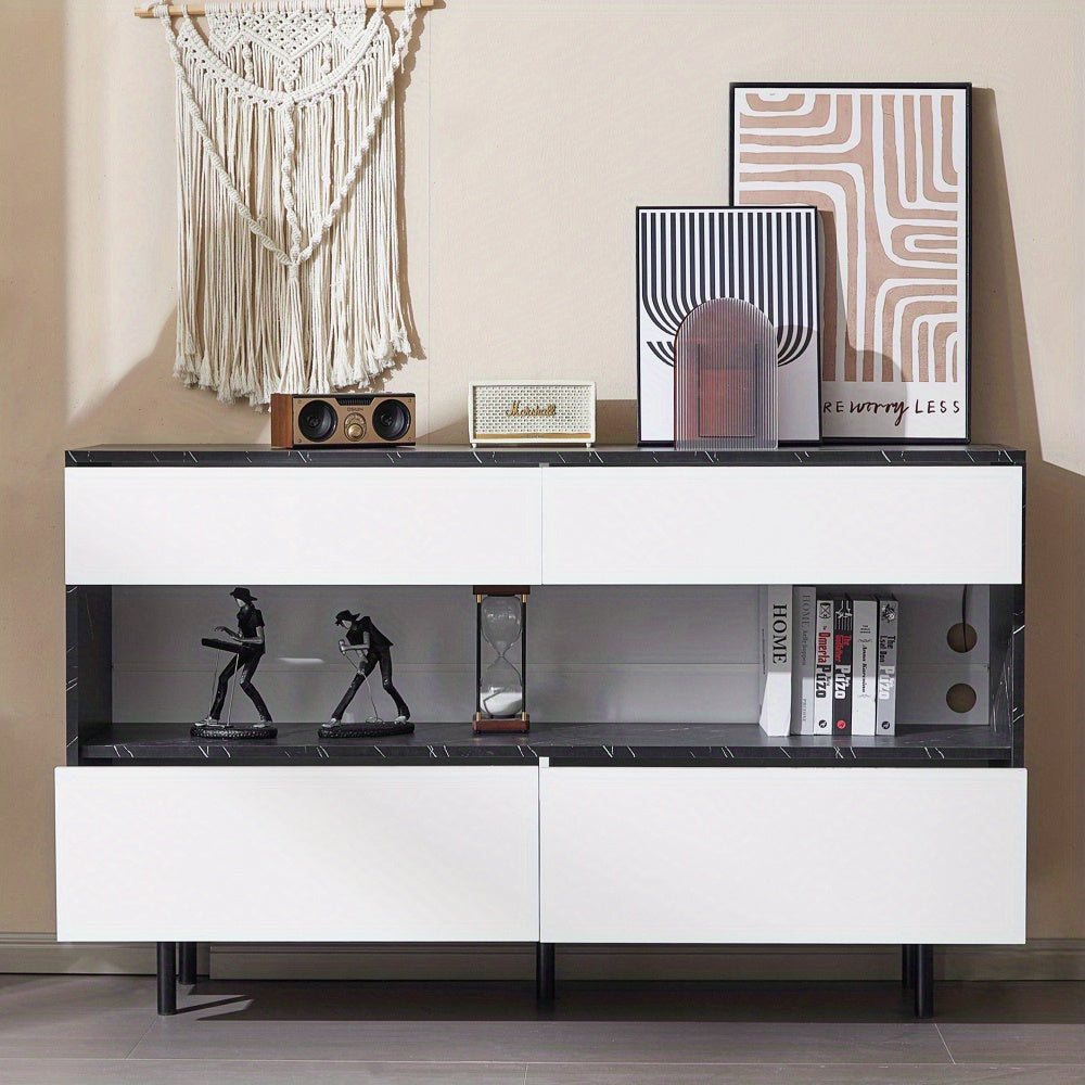 Dressoir – Buffetkast – Sideboard – Opbergkast – Commode – Wit Zwart – Marmerlook Blad – Stabiel Metalen Frame – 150x35x89,5 cm – 4 Laden + Open Plank